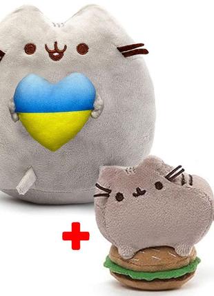 Набор мягких игрушек 2life пушин кэт с сердцем 23х25 см и pusheen cat с гамбургером 7х8 см серый v-11481