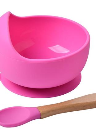 Набор силиконовой посуды 2life y8 глубокая тарелка для супа и деревянная ложка розовый v-11573