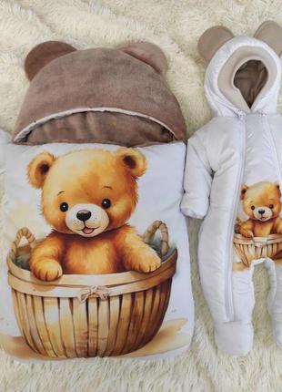 Зимовий комбінезон + спальник для новонароджених, принт ведмедик в кошику, коричневий