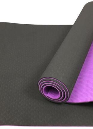 Килимок для йоги та фітнесу easyfit tpe+tc 6 мм двошаровий чорний-фіолетовий