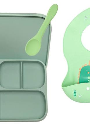 Набір посуду 2life п'яти-секційна тарілка а3 з кришкою, ложка виделка і слюнявчик дракон зелений