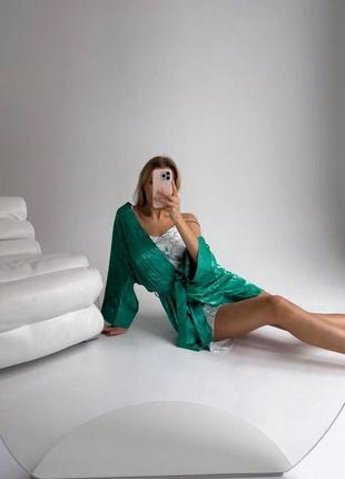 Женский шелковый зеленый комплект для сна рубашка халат coccolarsi  шелковый домашний костюм пижама