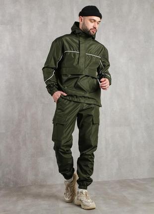 Мужской спортивный костюм хаки комплект анорак и штаны плащевка весенний осенний (b)