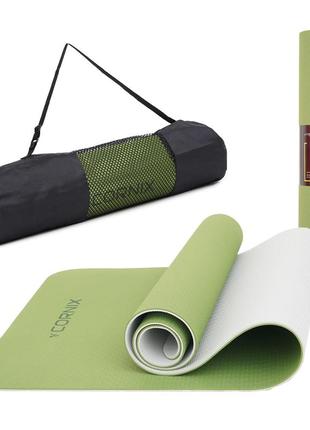 Килимок спортивний cornix tpe 183 x 61 x 0.6 см для йоги та фітнесу xr-0008 green/grey