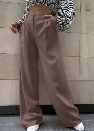 Штаны палаццо широкие свободные расклешонные по спинке на резинке молния боковые карманы высокая посадка ткань костюмка