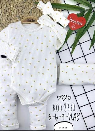Костюм 3в1: боді з довгим рукавом, штани, пов'язка "серденько" мустанг (бавовна-рубчик) тм "murat baby" (боді