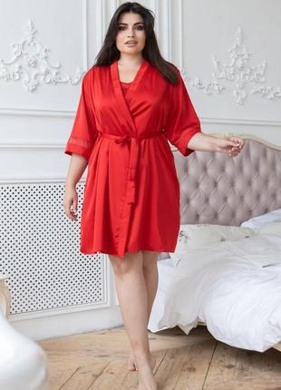 Комплект из шелка пижама с халатом кк1090п красный4 фото