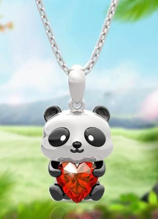 Цепочка с кулоном милая панда с сердечком красный камень фианит серебристая7 фото