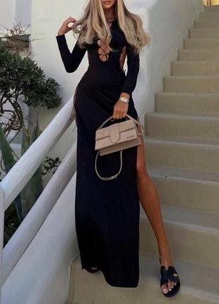 Открытое черное длинное платье пецворк миди макси на затяжках со шнуровкой по бокам🔥2 фото