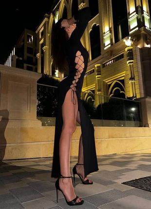 Открытое черное длинное платье пецворк миди макси на затяжках со шнуровкой по бокам🔥4 фото