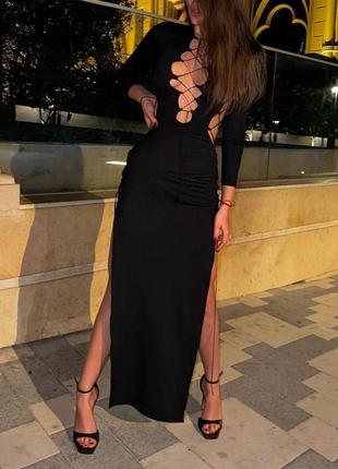 Відкрита чорна довга сукня пєчворк міді максі на затяжках зі шнурівкою по боках🔥