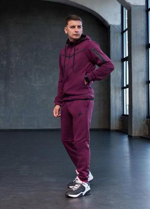 Спортивный костюм мужской теплый nike tech fleece бордовый s-xxl флисовый зимний найк теч флис