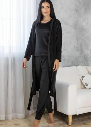 Комплект пижама велюровая с халатом кч1580 черный