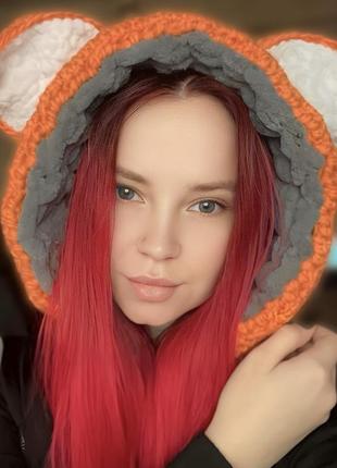 Плюшевий капор з вушками лисички🦊, в'язаний капюшон, лисошапка