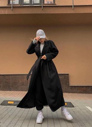 Стильное утепленное пальто макси, женское кашемировое пальто оверсайз черное, серое, карамельное9 фото