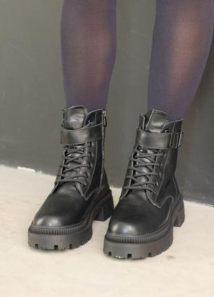 Ботинки кожаные с мехом черные8 фото