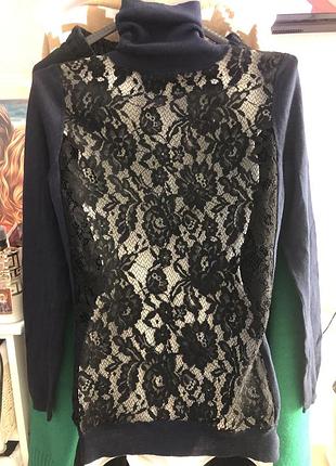 Синій легкий светрик  люкс водолазка гольф з ажурною спинкою