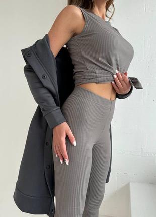 Дуже крутий трендовий жіночий костюм 3в1: топ+лосини в рубчик та тепла кофта на флісі 😍      1427 фото