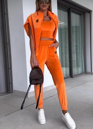Костюм спортивний жіночий оверсайз світшот топ на брителях штани на високій посадці з кишенями якісний стильний помаранчевий синій