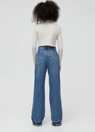 Джинсы с защипами широкие джинсы pull &amp; bear голубые джинсы с высокой посадкой женские джинсы синие с потертостями5 фото