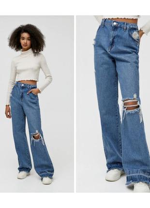 Джинсы с защипами широкие джинсы pull &amp; bear голубые джинсы с высокой посадкой женские джинсы синие с потертостями2 фото