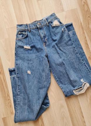 Джинсы с защипами широкие джинсы pull &amp; bear голубые джинсы с высокой посадкой женские джинсы синие с потертостями6 фото
