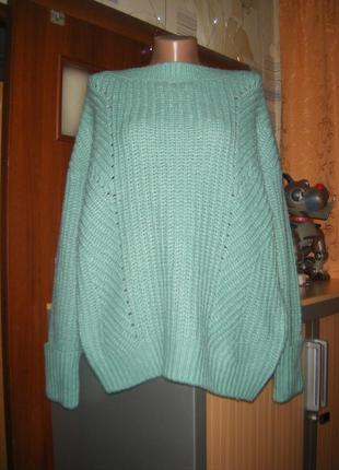 Шикарный мохеровый свитер мятный цвет, крупеая вязка, размер l - 16 - 50