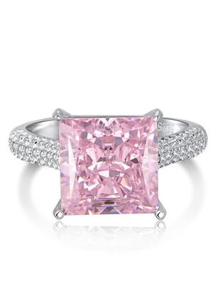 Срібне s925 кільце з рожевим квадратним каменем фіанітом в діамантовій огранці, срібна велика масивна каблучка перстень 17,5 розмір1 фото