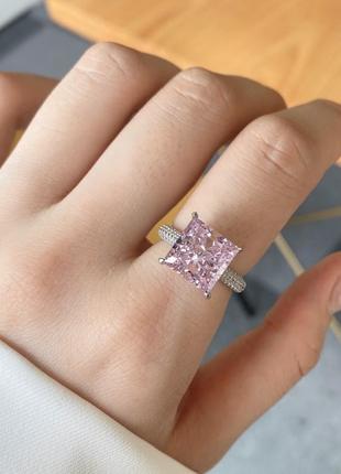 Срібне s925 кільце з рожевим квадратним каменем фіанітом в діамантовій огранці, срібна велика масивна каблучка перстень 17,5 розмір3 фото