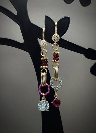 Невероятные серьги с напылением золота гранатом фианитами цирконий позолота 585