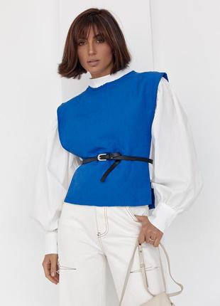 Блуза с объемными рукавами с накидкой и поясом elisa - синий цвет, l (есть размеры)7 фото