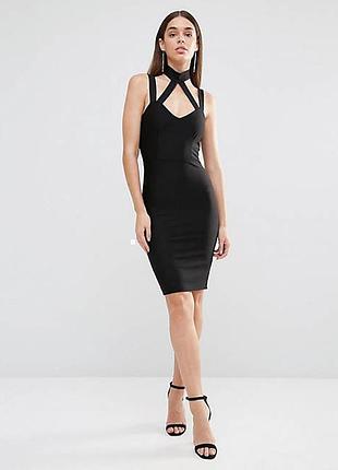 Pink boutique платье чёрное по фигуре карандаш футляр миди с чокером на бретельках