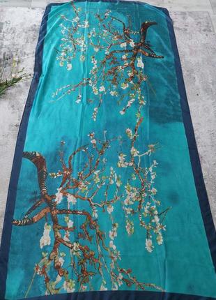 Шелковый шарф🔹 платок🔹парео цвета морской волны с цветами миндаля(180 см на 89 см)7 фото