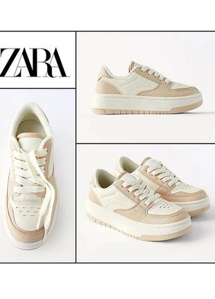 Контрастные кроссовки 37-39 из экокожи на резиновой платформе zara сникерсы кеды бежевые белые кожаные демисезонные женские детские для девочки