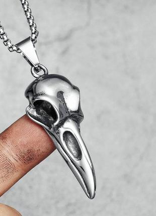 Мужской кулон подвеска с цепочкой steel raven на шею из медицинской стали под серебро с черепом ворона