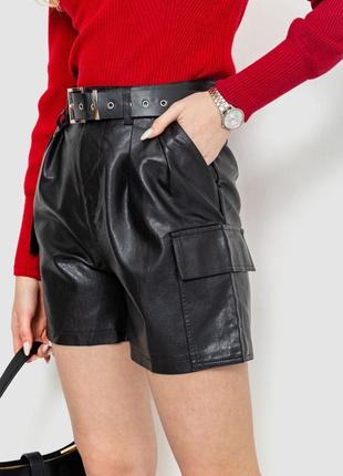 Стильные кожаные женские шорты с накладными карманами черные шорты эко-кожа шорты-карго шорты из эко-кожи2 фото