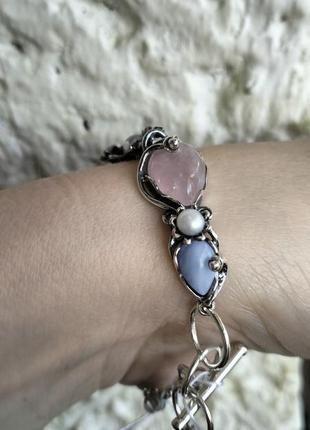 Ніжний срібний браслет з рожевим кварцом, блакитним агатом перлинками2 фото