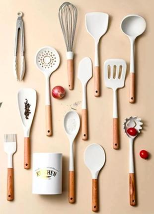 Набор кухонных принадлежностей на подставке 12 штук кухонные аксессуары силиконовые с деревянной ручкой2 фото