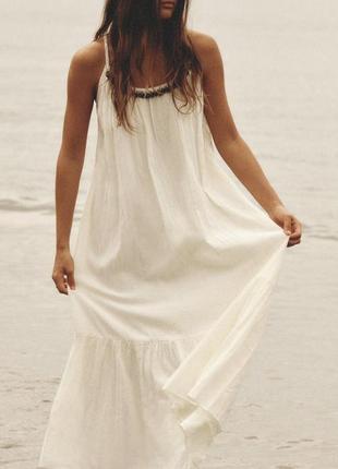 Легка бавовняна сукня мiдi zara original spain сукня зара бiла сукня плаття з марльовки бiле плаття зара