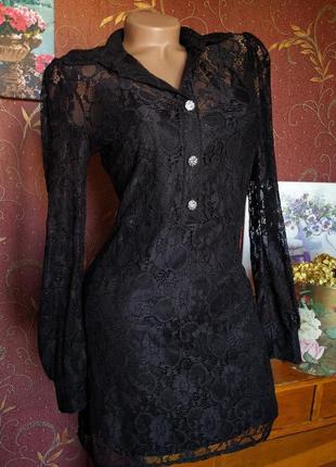 Чорна мереживна коротка сукня з довгими рукавами від miss selfridge