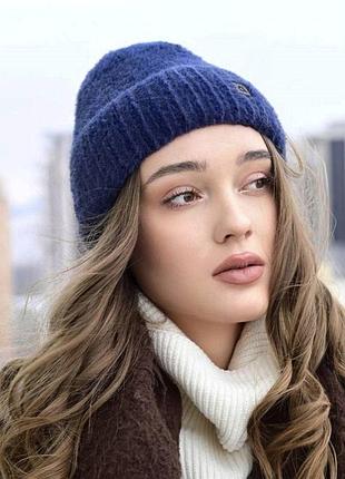 Шапка женская теплая зимняя синяя