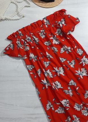 Яркое платье с цветочным принтом. платье со спущенными плечами.красное платье6 фото