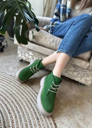 Лофери зі шнурівкою, зелений, натуральна замша, демі/зима4 фото