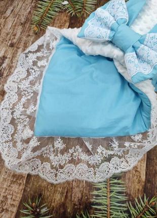 Летний конверт одеяло с кружевом для новорожденных, белый с голубым2 фото