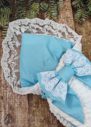 Летний конверт одеяло с кружевом для новорожденных, белый с голубым3 фото