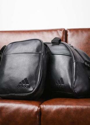 Сумка кожаная через плечо мужская женская adidas + барсетка мессенджер на плечо комплект адидас4 фото