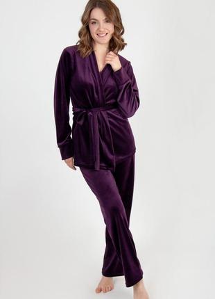 Качественный велюровый домашний комплект халат + штаны, женская велюровая пижама, комплект для дома и сна, подарок2 фото