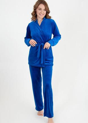 Качественный велюровый домашний комплект халат + штаны, женская велюровая пижама, комплект для дома и сна, подарок9 фото