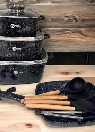 Набор кастрюль сотейник квадратная сковорода higer kitchen нк-317 с лопатками 14 предметов черный1 фото