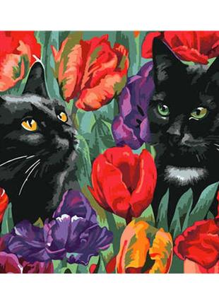Картина за номерами коті у тюльпанах 40х50 см va-2593
